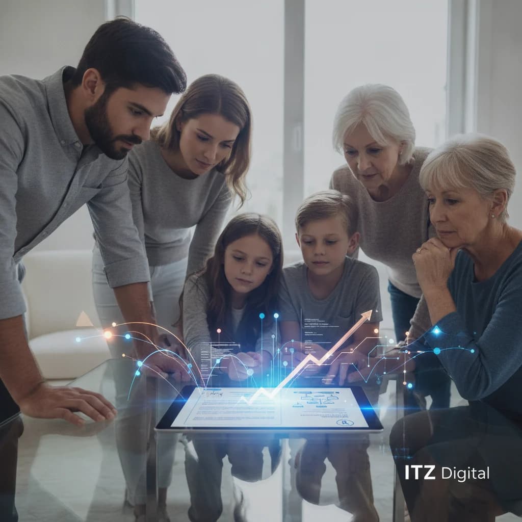 A diverse group of people (young couple, family, senior couple) looking thoughtfully at a digital tablet displaying estate planning documents and a subtle ITZ Digital logo, overlaid with abstract digital marketing graphics like data points and connection lines, symbolizing strategic Meta Ads and accelerated growth. No text overlays, no low lighting, professional and clean aesthetic.