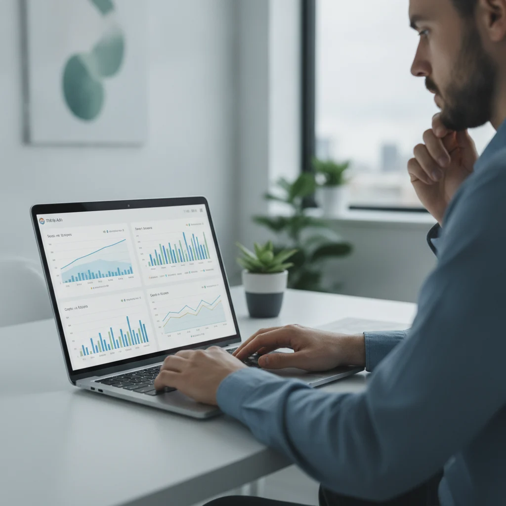 An expert HVAC digital marketer at ITZ Digital analyzing Meta Ads data on a laptop, with a professional, clean office background. The marketer is focused, and the screen shows clear graphs of growth and conversion rates. No text in image, no competitors, no low-lighting.