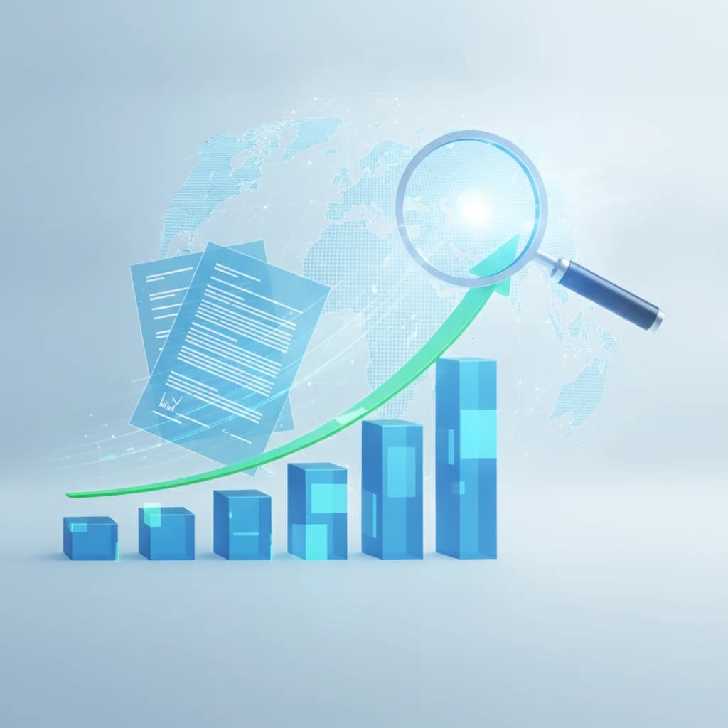 A professional, modern graphic illustrating the concept of "accelerating growth" for an immigration law firm, with elements like a rising bar graph, a magnifying glass over legal documents, and a subtle globe or map. The visual should be clean, abstract, and convey progress and digital strategy. No text overlays, no competitors, no low-lighting.