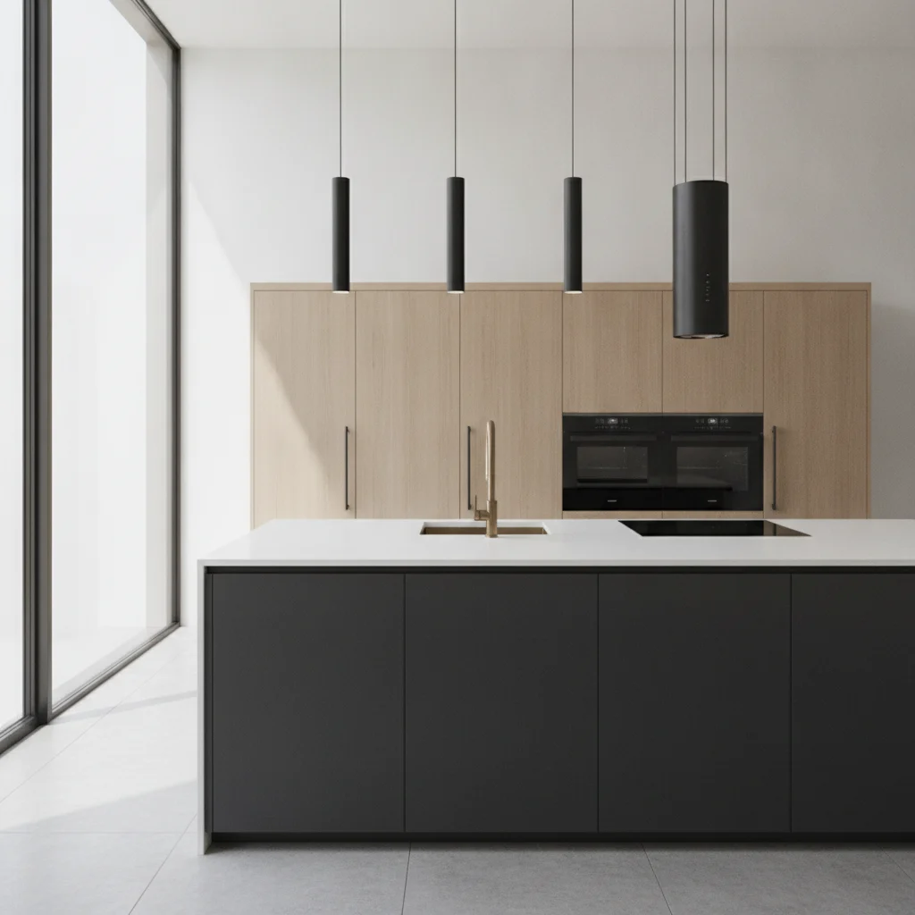 A stunning, minimalist kitchen with natural light, sleek countertops, and modern appliances. The image should convey high-end design and quality craftsmanship, without any text or people.