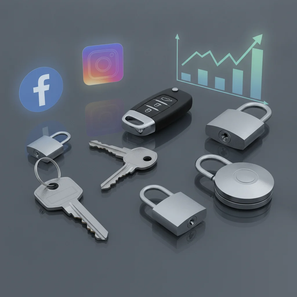 A modern, clean image showing various types of keys and locks (house keys, car keys, padlocks) arranged aesthetically on a smooth, reflective surface. Digital overlays of social media icons (Facebook, Instagram) and upward trending graphs subtly appear around the keys, symbolizing growth and digital marketing. The color palette is professional and calm, with no text on the image.