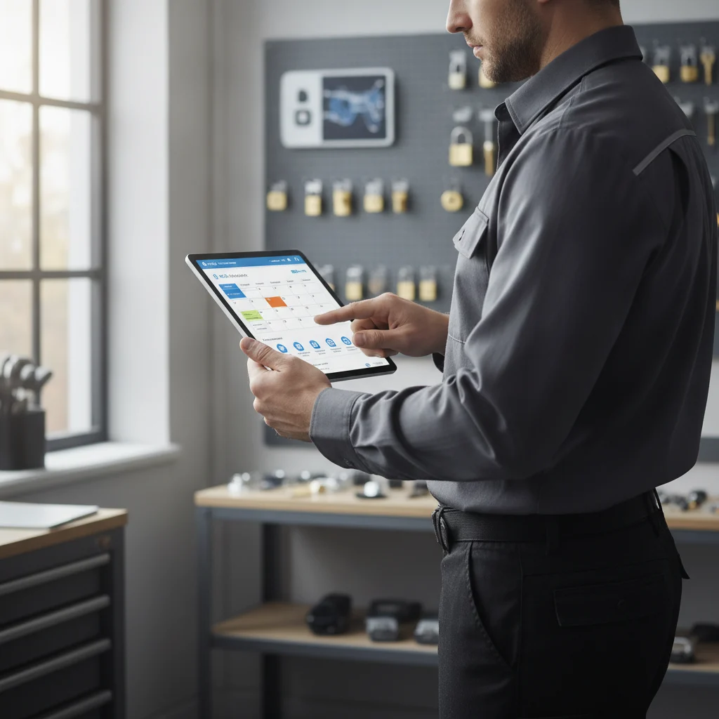 A modern locksmith using a tablet to manage customer appointments and digital tools, with a sleek, secure website interface visible on the screen. The image should convey professionalism, technology, and efficiency, with no text and good lighting.