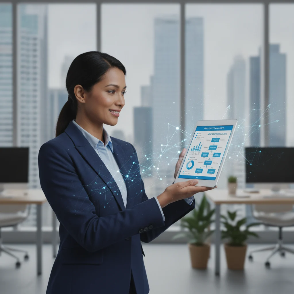 A modern, diverse real estate agent looking confidently at a tablet displaying real estate analytics and a lead generation funnel, with a subtle digital overlay representing data flow and growth. The background shows a contemporary office setting with blurred cityscapes, emphasizing professionalism and technology. No text overlays, no competitors, no low-lighting, no blurred listings.