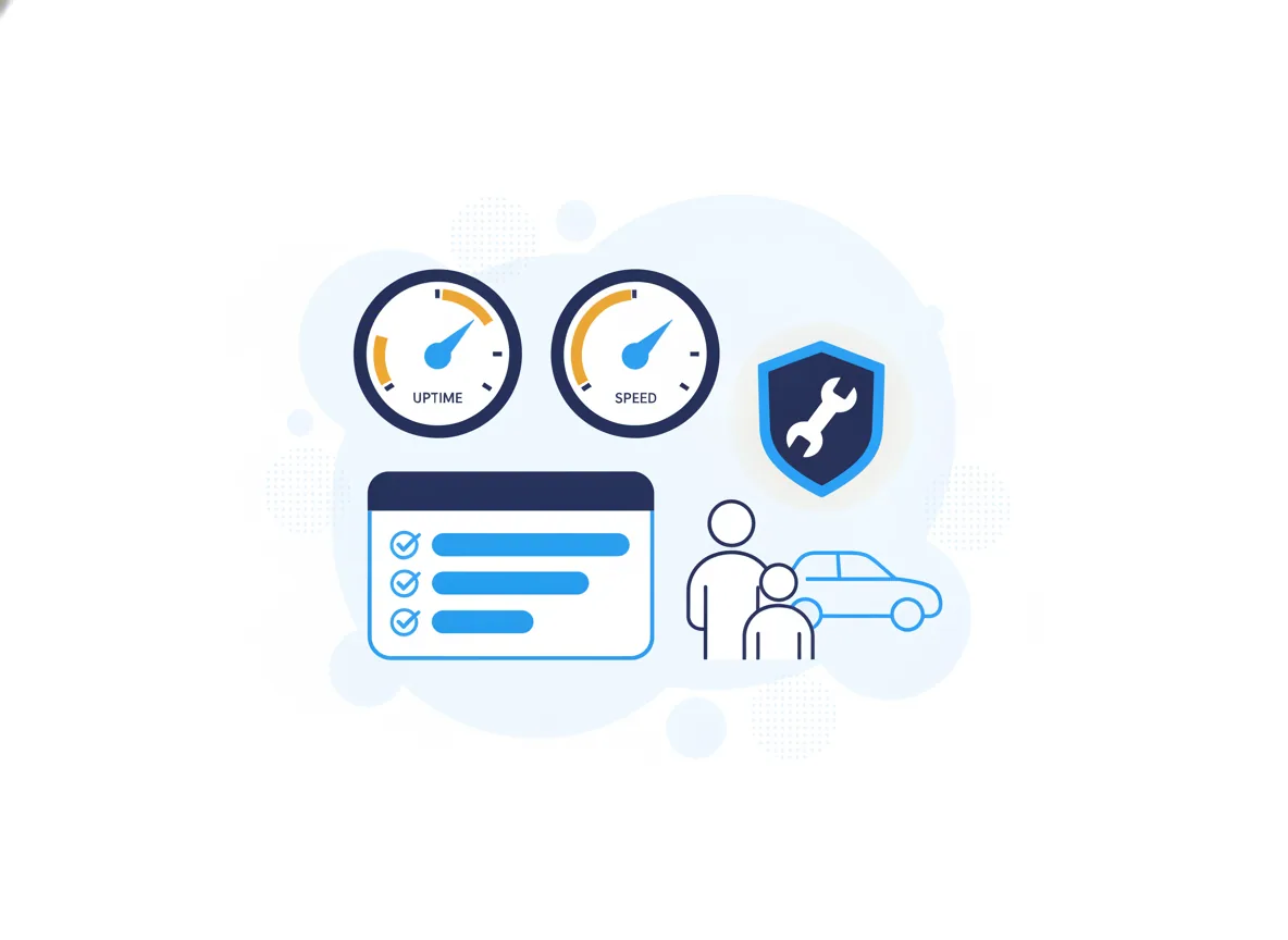 Illustration of a website care dashboard with uptime and speed gauges, a monthly checklist and a security shield, for an auto-repair shop
