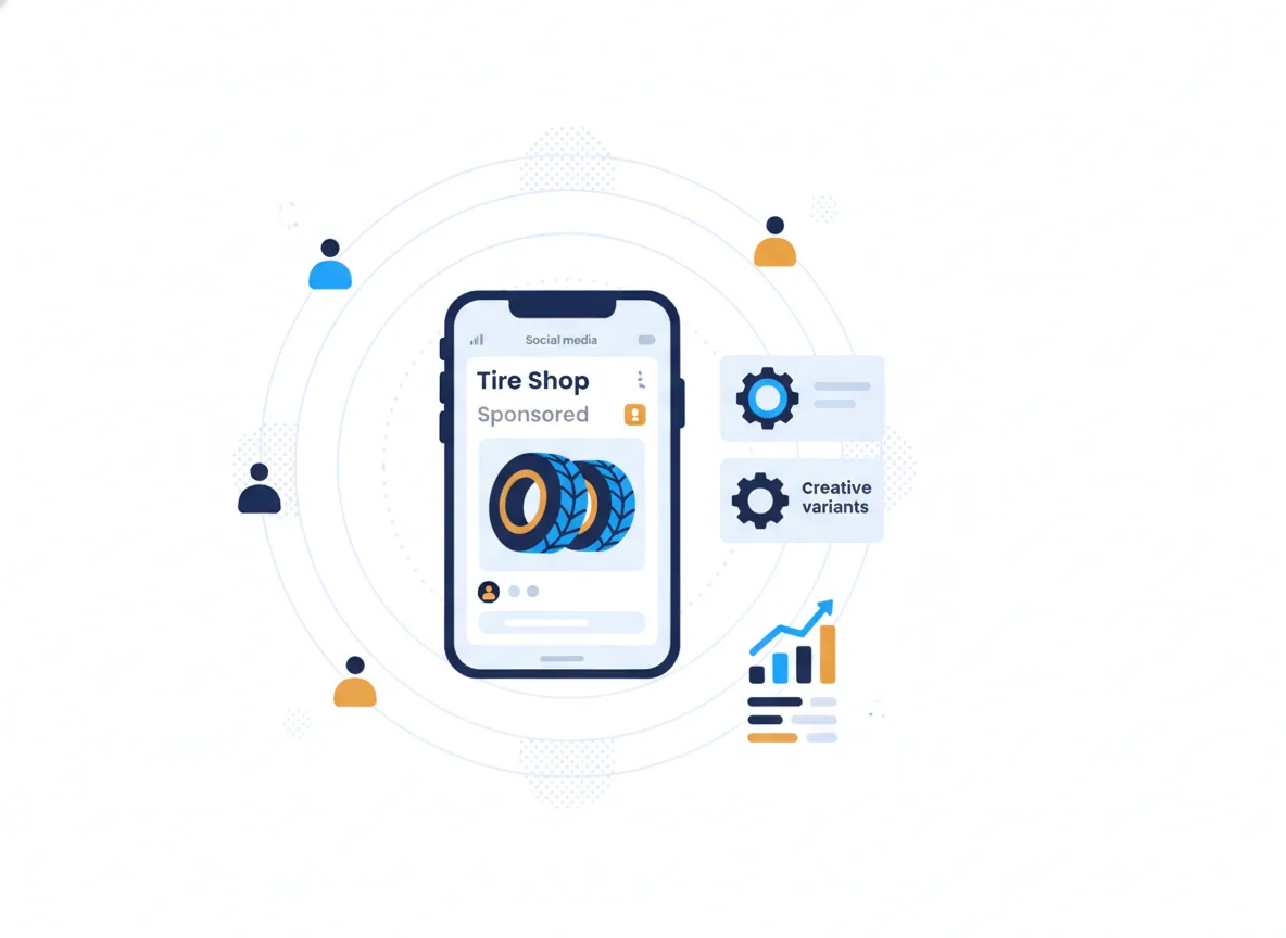 Illustration of a phone showing a sponsored social post, audience targeting rings and a small results chart, for a tire shop