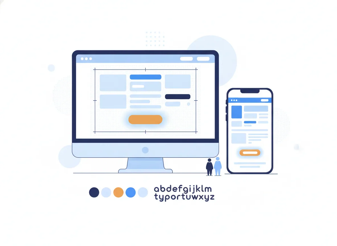 Illustration of a wireframe becoming a finished website on a phone and a desktop, with color and type swatches, for an urgent-care clinic