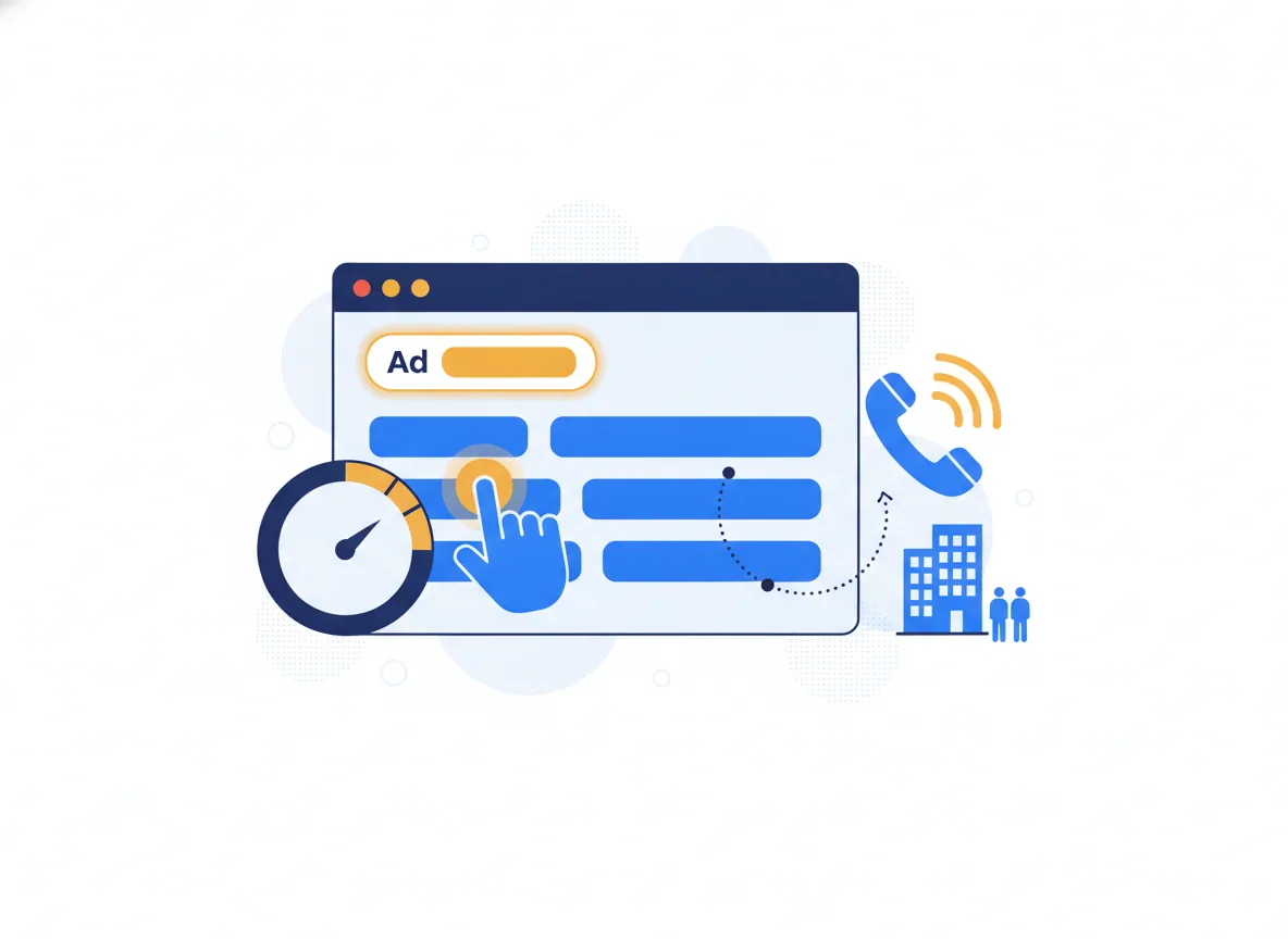 Illustration of a search results page with the top ad slot highlighted next to a bid dial and a ringing phone, for a property-management company