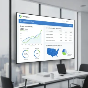 A professional, modern digital marketing dashboard displaying SEO metrics like traffic, conversion rates, and keyword rankings, with a subtle focus on legal industry data, no text overlays, bright, clean aesthetic.